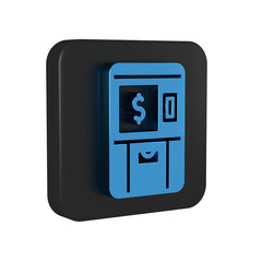 Blue ATM - Automated teller machine and money icon isolated on transparent background. Black square button.