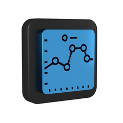 Blue Browser with stocks market growth graphs and money icon isolated on transparent background. Monitor with stock charts arrow on screen. Black square button.
