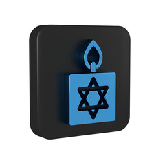 Blue Burning candle in candlestick with star of david icon isolated on transparent background. Cylindrical candle stick with burning flame. Black square button.