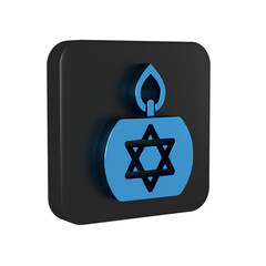 Blue Burning candle in candlestick with star of david icon isolated on transparent background. Cylindrical candle stick with burning flame. Black square button.
