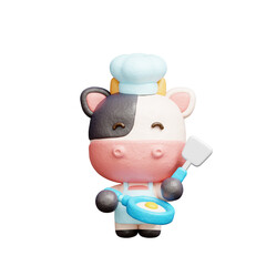3D cute cow cooking, Cartoon animal character, 3D rendering.