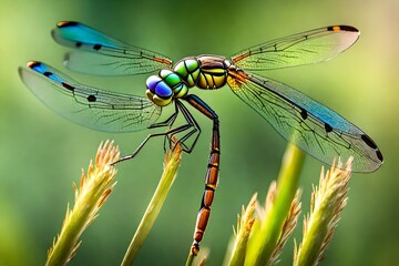 A dragonfly perched on a delicate blade of grass, with its iridescent wings catching the sunlight.
