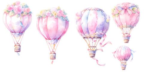 Watercolor air balloon with flower clipart for graphic resources