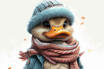 cartoon duck wearing winter clothes
