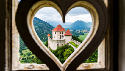 Castle with heart-shaped windows; valentine wallpaper concept
