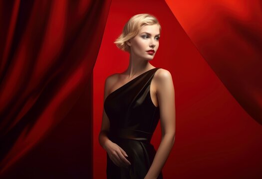 Fashionable blonde lady in black seductive dress. Vogue stunning female wears elegant gown. Generate ai