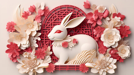 Year of the rabbit happy new year banner. Generative Ai