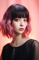 Short hairstyle with 2 colours, black and pink. Beautiful hair coloring woman. Trendy haircuts. Blonde model with short shiny hairstyle. Concept Coloring Hair. Beauty Salon.