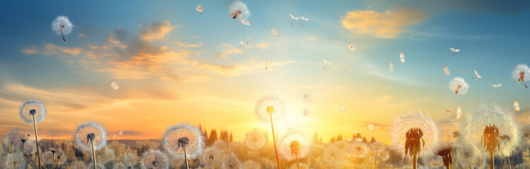 Blowball Bliss: Dancing Dandelion in Soft Sunbeam on Green Meadow