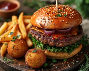 A juicy, mouth-watering mega hamburger. Fast food poster