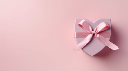 Romantic Valentine's Day Top View Decorations with Heart Shaped Giftbox and Pink Ribbon on Pastel Pink Background - Love Celebration Concept for Greeting Cards and Festive Decor