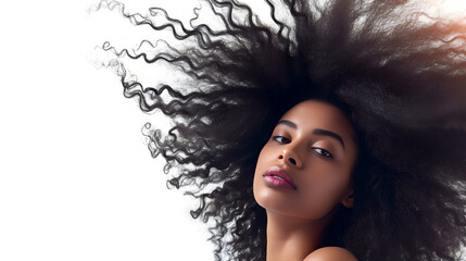 beautiful black young female model shaking her beautiful afro hair in motion. ad for shampoo conditioner hair products. isolated on white background.