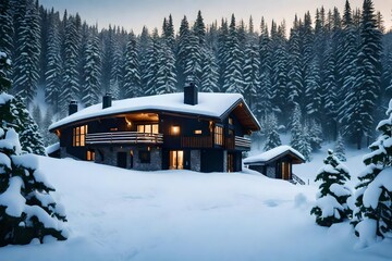 A mountain chalet surrounded by evergreen forests, with a blanket of snow covering the landscape.