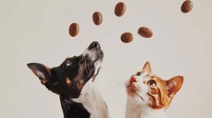 Dog and cat is sitting isolated on light background and look at the flying dry food.  Negative space to insert your text or image. Concept of movement, advertising, nutrition