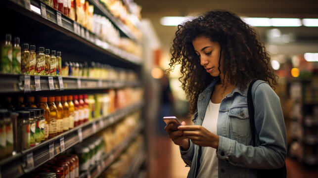 a grocery store as a woman carefully examines and compares products on the shelves