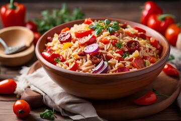 Close-up of Roasted pepper and chorizo orzo salad includes red peppers, red onion, chorizo, cherry tomatoes, and orzo pasta. Perfect for restaurant banner, poster and cooking channel