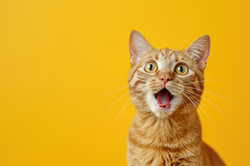 Adorable Shocked Ginger Cat on Vibrant Yellow Background Copy Space