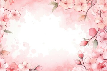 Fototapeta premium Floral watercolor frame with spring cherry flowers and leaves on pink background. St Valentines, Women's, Mothers day. Romantic backdrop for wedding greeting card, banner, template with copy space