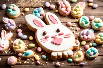 Fototapeta na wymiar A charming bunny-shaped Easter cookie surrounded by pastel-colored candies on a rustic wooden table.