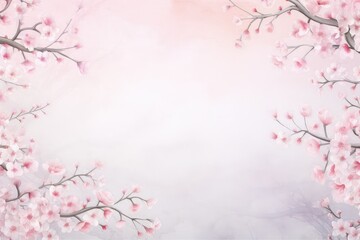 Floral watercolor frame with spring cherry flowers and leaves on pink background. St Valentines, Women's, Mothers day. Romantic backdrop for wedding greeting card, banner, template with copy space