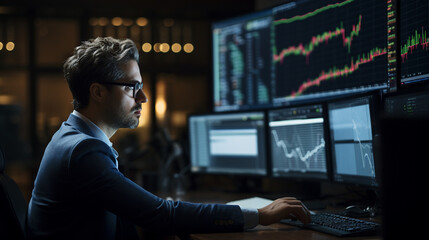 The statistician carefully analyzed the data in the office, Side view, High and short depth of field