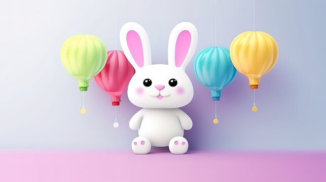 Illustration of funny pink easter rabbit excided and look amazed. Generative Ai