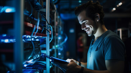  a young man using a digital tablet by a server cabinet, with a low-angle perspective and blue...