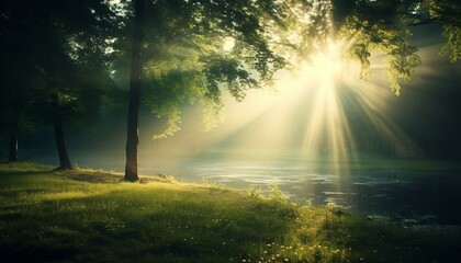 Enchanting sunbeams casting ethereal glow in the midst of a misty forest with radiant sunlight rays