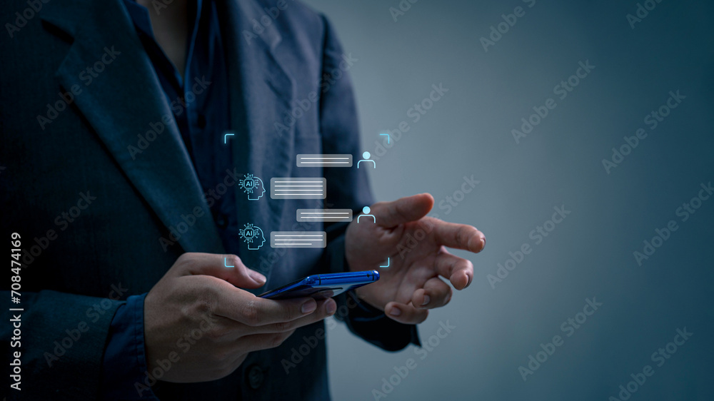 Aufkleber businessman displays a virtual image chat with artificial intelligence (ai) on the global internet. 