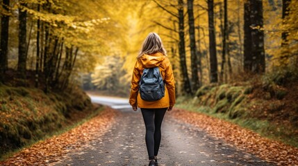 Serene hiker woman walking on a picturesque autumn forest hike trail surrounded by vibrant foliage