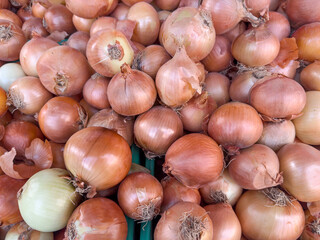 raw food background with bulbs of onion on the market