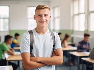 Fototapeta premium happy european high school student guy standing in classroom with arms crossed.