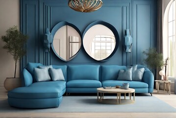 modern living room interior with sofa and two mirror