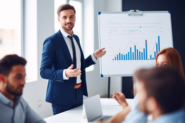A Businessperson presenting and evaluating data chart in the office.