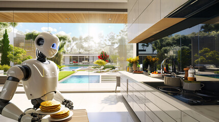 Intelligent robots work in modern homes, future lifestyle ideas. Chef Cooking Robot - obrazy, fototapety, plakaty