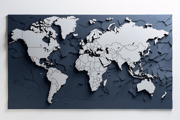 World map in white relief, gray art background. Generative AI.