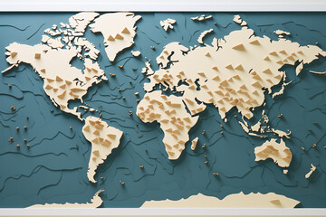Beige embossed world map, green art background. Generative AI.