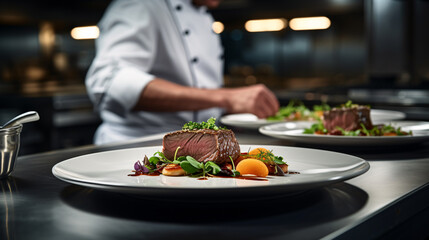 Chef preparing a dish of lamb meat with vegetables on a white plate - obrazy, fototapety, plakaty