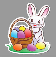 Easter bunny with a basket of eggs. Outline drawing.