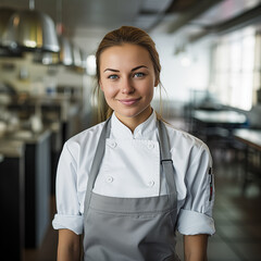 Portrait of a female chef in uniform looking at camera smiling.