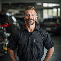 Fototapeta na wymiar Portrait of a male car mechanic in uniform looking at camera smiling.