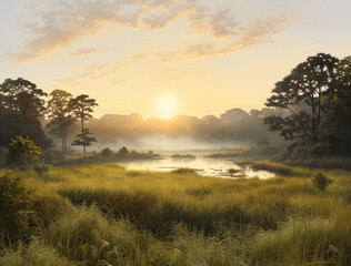 Tranquil meadow at sunrise, with morning mist gently enveloping the landscape.