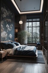 Cozy interior of bedroom in Chinese style house.