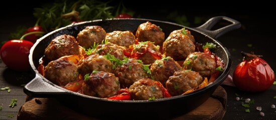 Croatian cevapi, spicy meatballs in a skillet with tomatoes and onions.