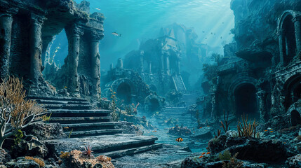Ruins of ancient city sunk at bottom of sea. Atlantis like sunken city, sunlight filters through water, illuminating underwater world with submerged structures.