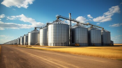 Fototapeta na wymiar Large industrial elevators, warehouses, standing in a yellow field against a clear blue sky. Agriculture industry, harvest concepts.