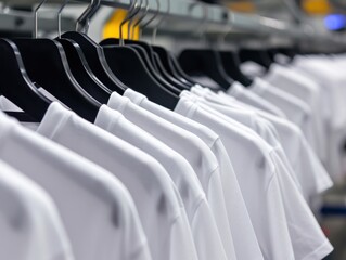 Fototapeta premium stock picture of print manufacturer, showing stock of muted colorful blank tshirts.