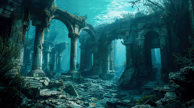 Ruins of ancient city sunk at bottom of sea. Atlantis like sunken city, sunlight filters through water, illuminating underwater world with submerged structures.