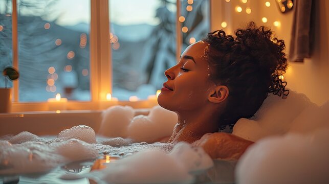young beautiful woman soaking in the bath while smiling happily.Generative AI