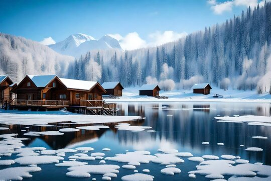 A frozen lake surrounded by wooden cabins, with clear skies and delicate snowflakes dancing in the cold winter air.